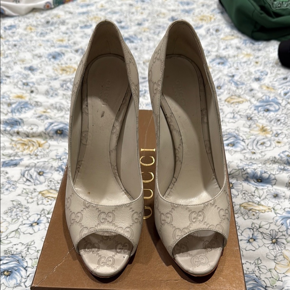 Gucci Cream Monogram Peep-Toe Heels